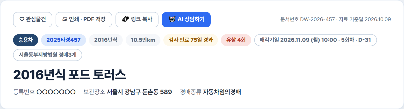 다원경매 상세 머리 카드 — 승용차 2025타경457 2016년식 10.5만km 검사 만료 75일 경과 유찰 4회 매각기일 2026.11.09 5회차, 서울동부지방법원 경매3계, 2016년식 포드 토러스, 등록번호 가림, 보관장소 서울시 강남구 둔촌동 589, 경매종류 자동차임의경매