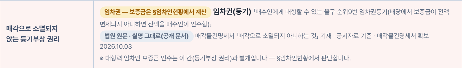 다원경매 상세 주의사항 표 — 매각으로 소멸되지 않는 등기부상 권리: 임차권(등기) 매수인에게 대항할 수 있는 을구 순위9번 임차권등기, 배당에서 보증금이 전액 변제되지 아니하면 잔액을 매수인이 인수함. 법원 원문 그대로